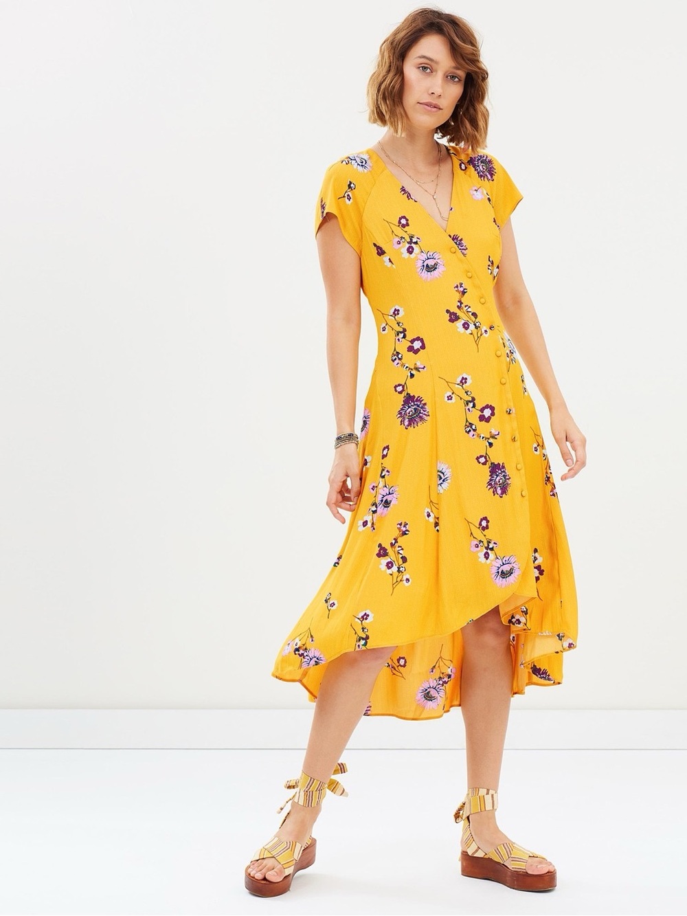 Free People Lost In You Golden Yellow Floral Print Midi Dress Size L